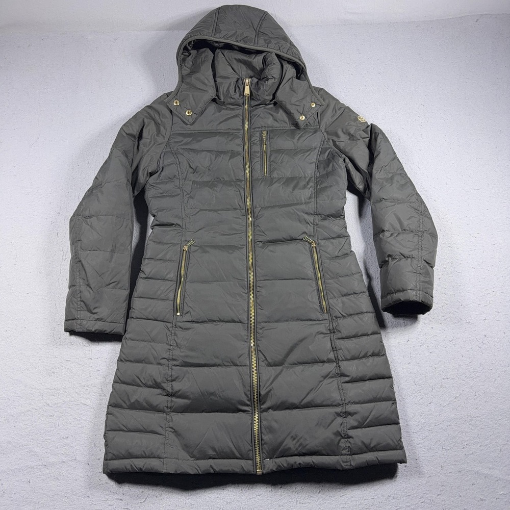 Michael Michael Kors Coat Women Small Green Hooded Quilted Down Puffer Zip Long‎